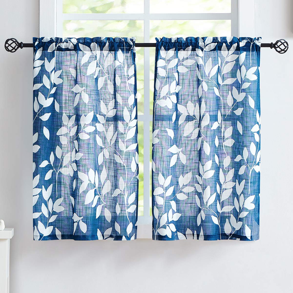 Leaf Kitchen Curtains 36"L Small Tier Window Curtains White Taupe 2pcs