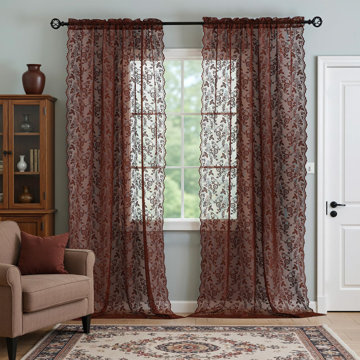 FINECITY Short Beige Lace Curtains Rustic Leaf Floral W42xL36 Inch 2 Panels