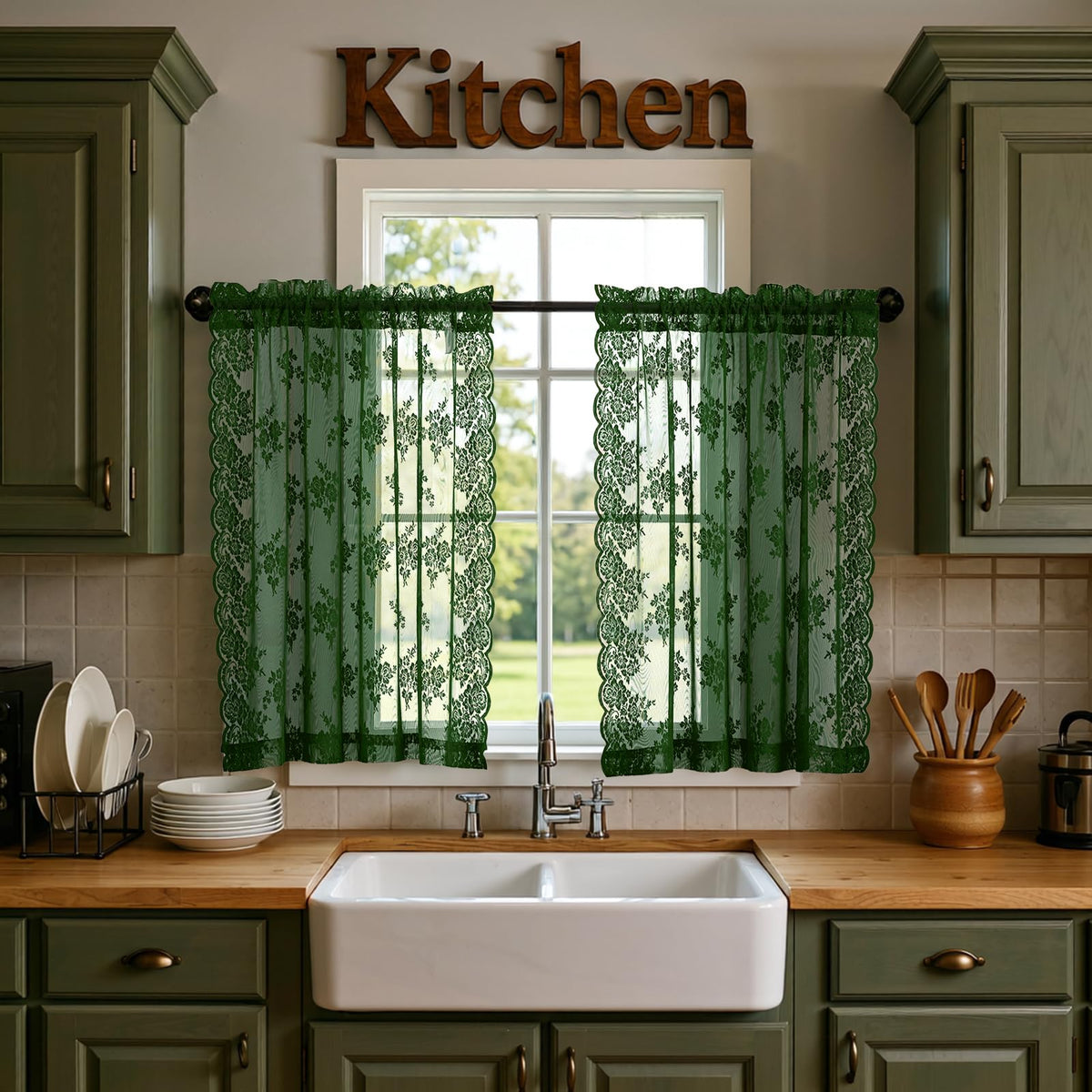 Kotile Short Beige Lace Curtains for Kitchen Windows W42xL45 Inch, 2 Panels