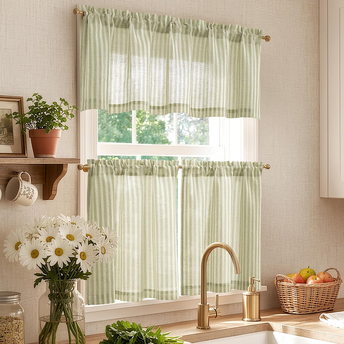 jinchan Sage Green Linen Kitchen Curtains and Valance Set Rod Pocket