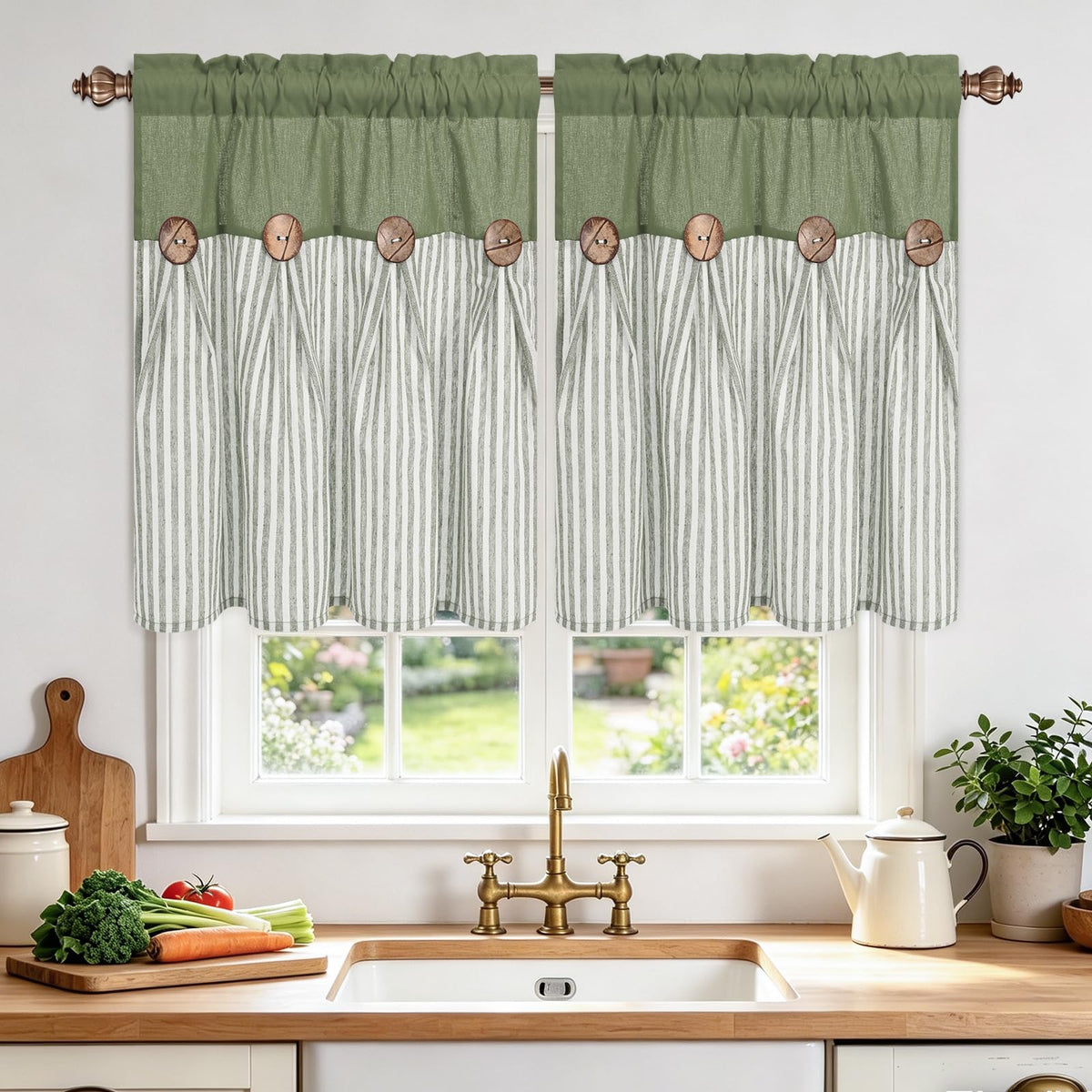 BLEUM CADE Farmhouse Kitchen Curtains 36 Inch, Cotton Linen Cafe Curtains with Rustic Buttons, Boho Small Window Curtains for Bathroom, Green Stripe Half Window Drapes Over Sink, 2 Panels