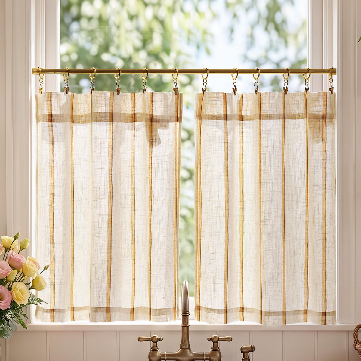 jinchan Linen Striped Tier Curtains for Kitchen Windows Farmhouse