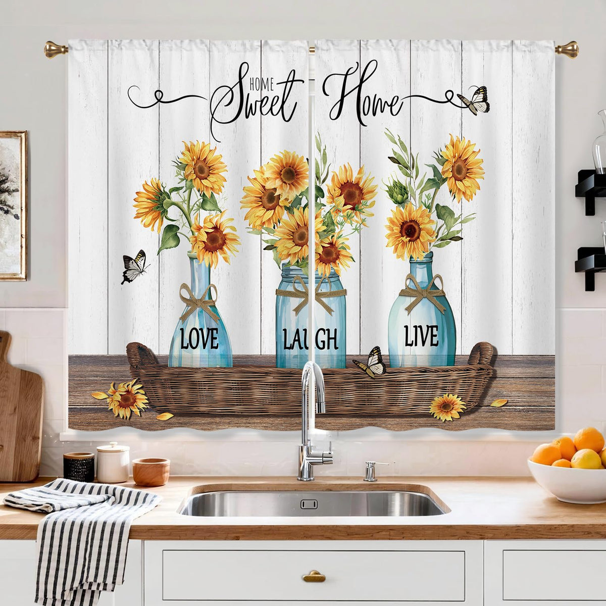 Farmhouse Sunflower Kitchen Curtain Rustic Small Short Cafe Window Curtains Country Wooden Barn Inspirational Bathroom Window Drapes Treatment Tier Curtains 2 Panels (27.5x39 Inch)