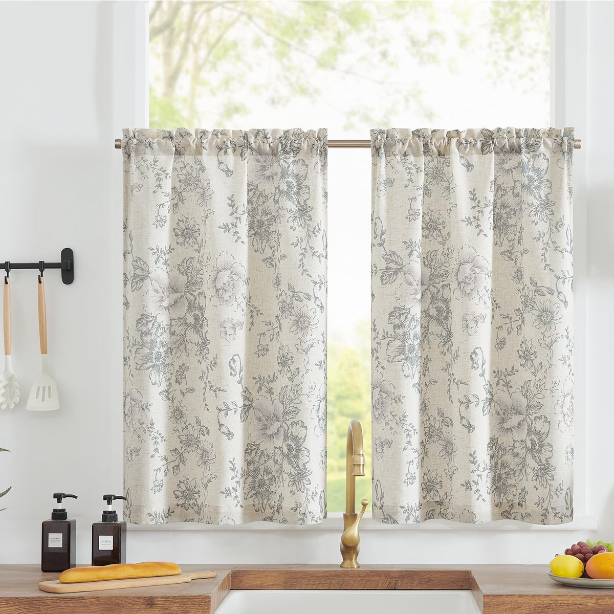 jinchan Hattie Floral Linen Kitchen Tier Curtains Beige 30 in 2 Panels