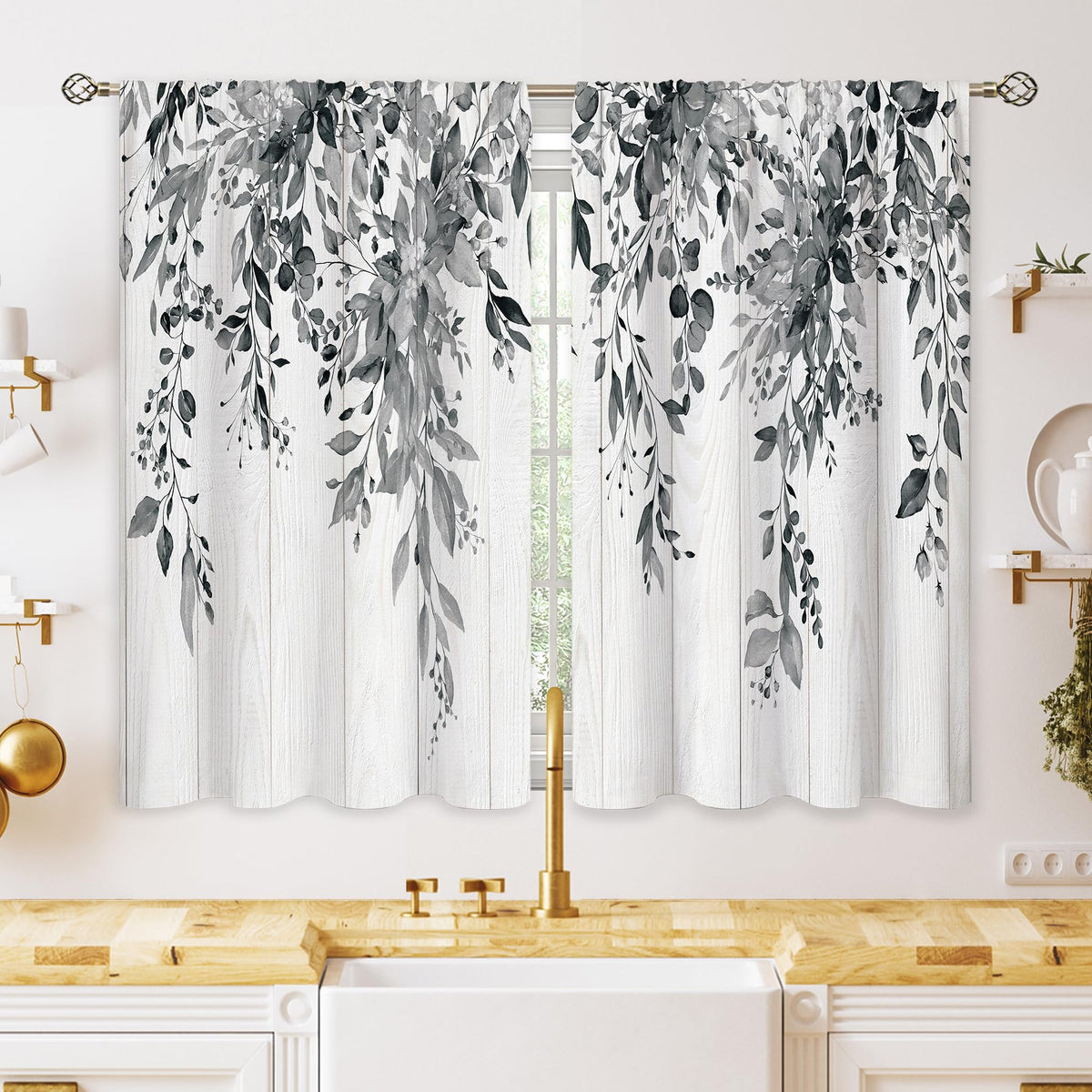 Eucalyptus Botanical Leaves Floral Kitchen Window Curtains Over Sink Boho Farmhouse Flower Leaf Small Window Treatment Sage Green Cafe Short Curtains for Bathroom Tier Drapes 27.5x39 inch