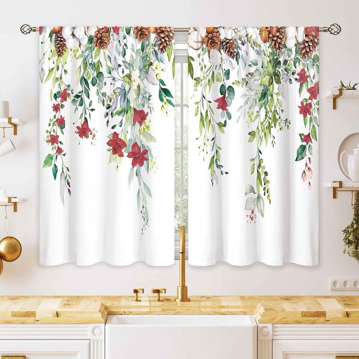 Eucalyptus Botanical Leaves Floral Kitchen Window Curtains Over Sink Boho Farmhouse Flower Leaf Small Window Treatment Sage Green Cafe Short Curtains for Bathroom Tier Drapes 27.5x39 inch