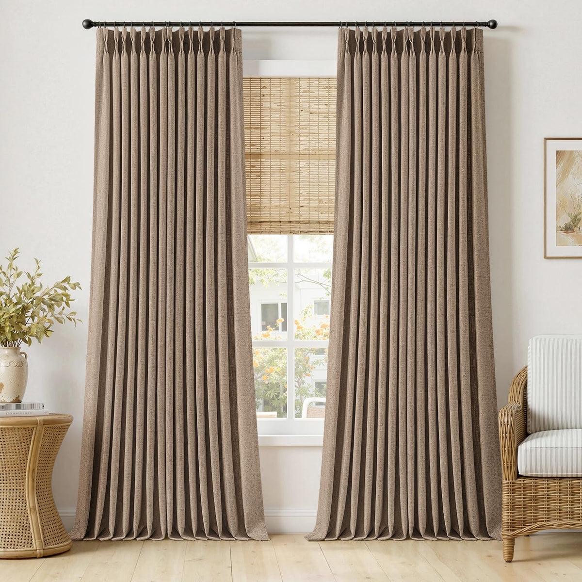 MIULEE Pinch Pleated Thick Linen Curtains 36 Inches Long 2 Panels Natural