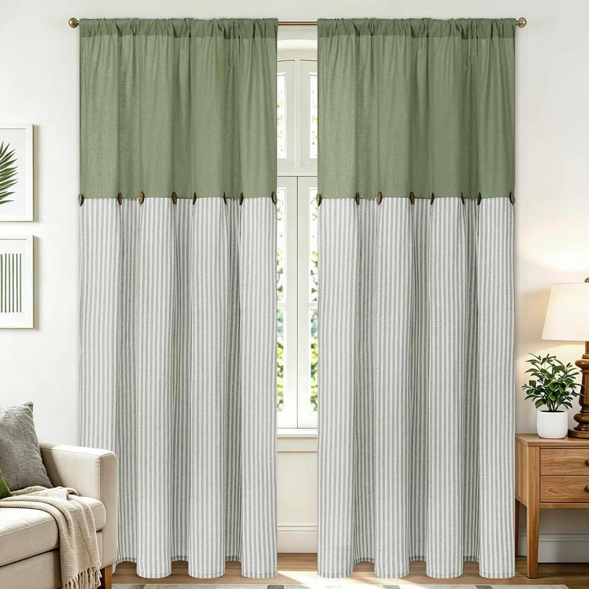 BLEUM CADE Farmhouse Kitchen Curtains 36 Inch, Cotton Linen Cafe Curtains with Rustic Buttons, Boho Small Window Curtains for Bathroom, Green Stripe Half Window Drapes Over Sink, 2 Panels