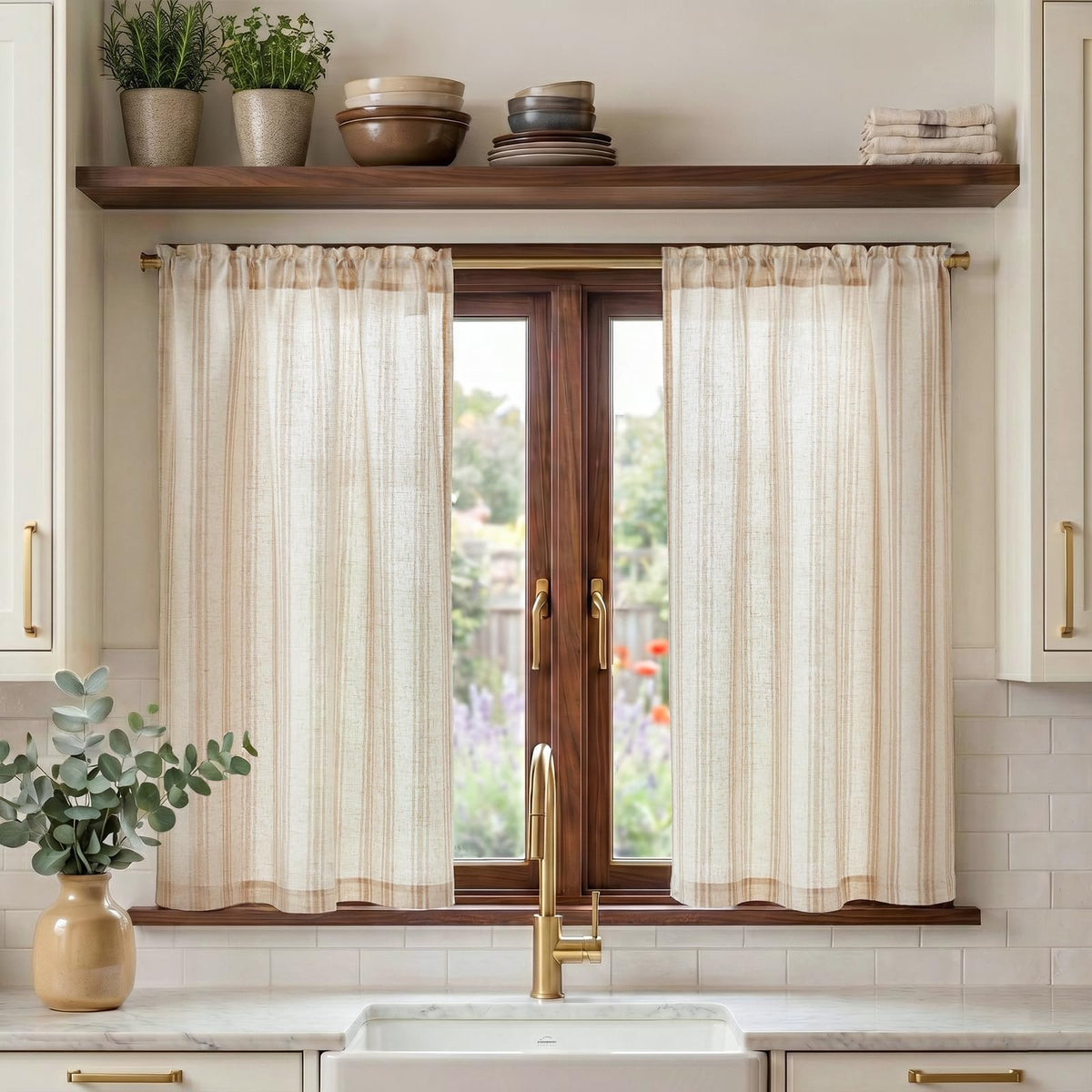 jinchan Linen Striped Tier Curtains for Kitchen Windows Farmhouse