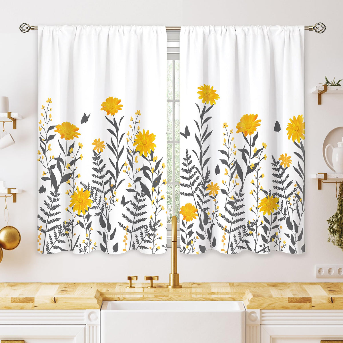 Green Boho Flower Small Kitchen Curtains Flower Plant Window Treatment Botanical Herb Chic Rod Pocket Cafe Short Window Curtains for Bathroom Dining Room Tier Treatment Drapes 27.5x39 inch