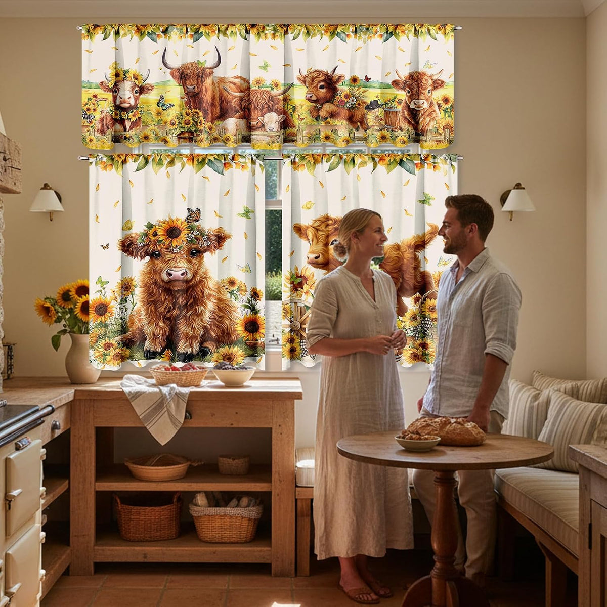 Breling 3 Pcs Sunflower Highland Cow Kitchen Curtains Valances and Tiers Set for Windows Spring Farmhouse Highland Cow Sunflower Curtains Decor for Summer Bedroom Window Decor Party Favor Supplies