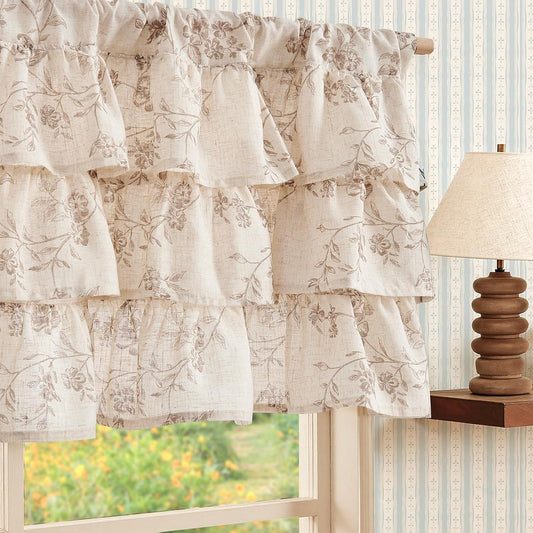 jinchan Alisa Ruffled Floral Valance Curtain 18 Inch 1 Panel Taupe on Linen
