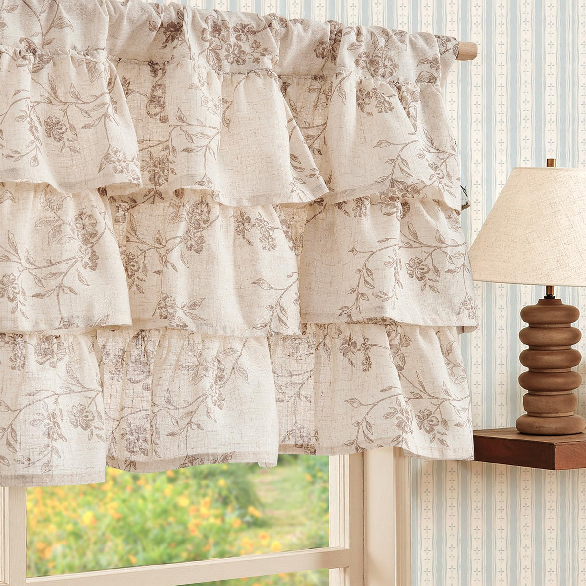 jinchan Alisa Ruffled Floral Valance Curtain 18 Inch 1 Panel Taupe on Linen