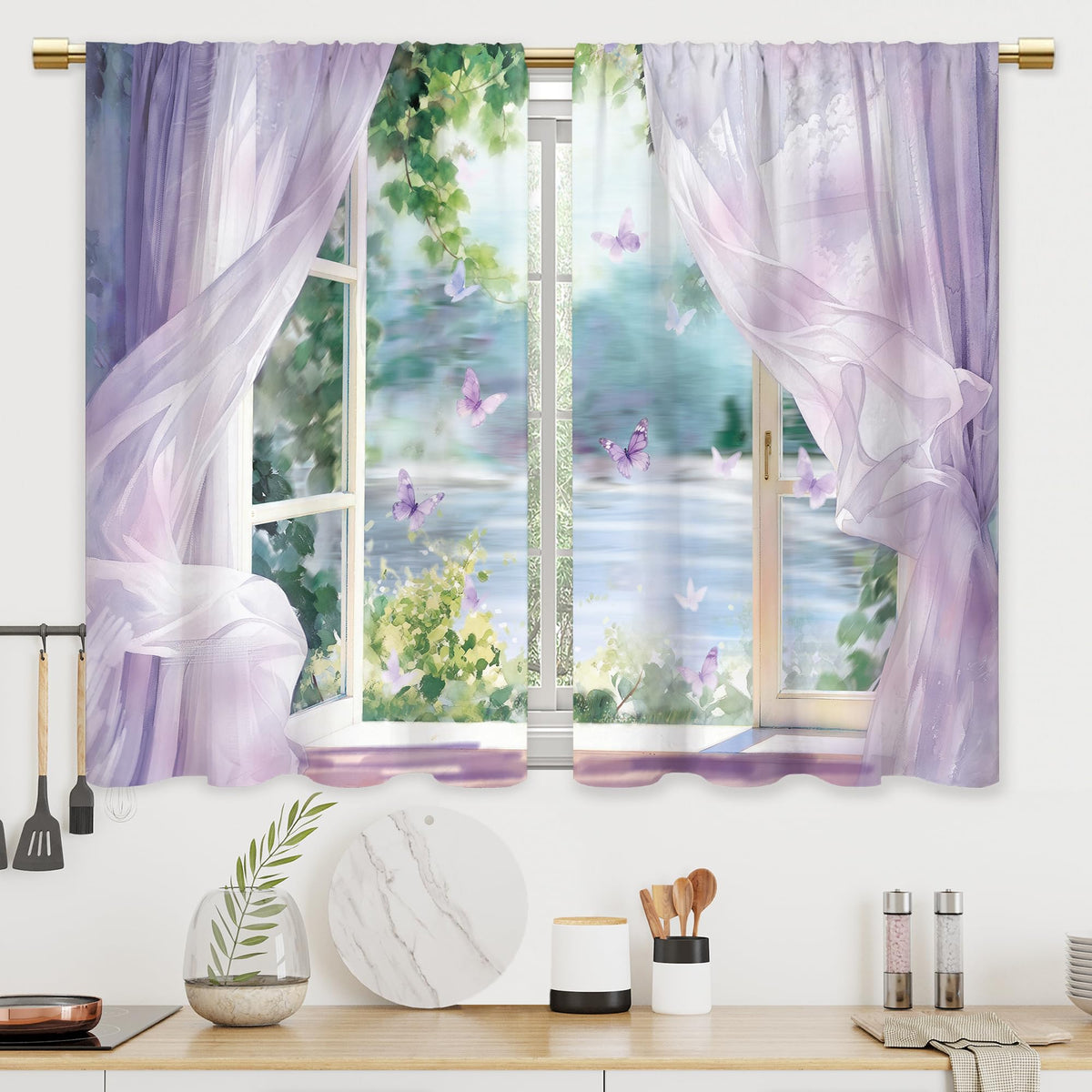 Colorful Leaves Kitchen Curtains Boho Botanical Bathroom Curtains Window Treatment Drapes Tier Flower Floral Cafe Small Bedroom Short French Door Curtains Rod Pocket 2 Panels 27.5x39 Inch