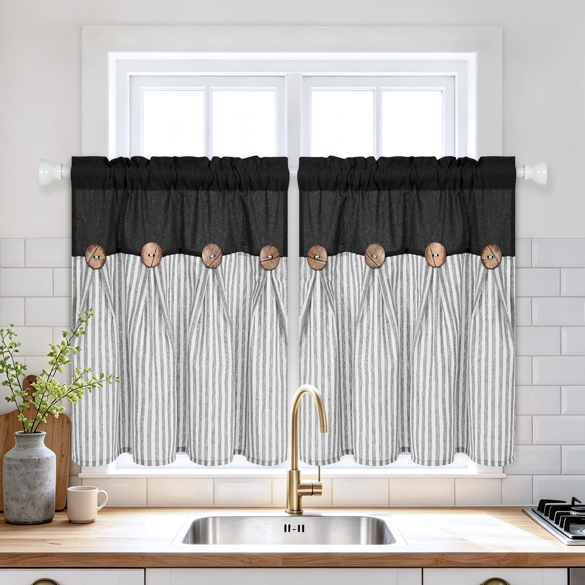BLEUM CADE Farmhouse Kitchen Curtains 36 Inch, Cotton Linen Cafe Curtains with Rustic Buttons, Boho Small Window Curtains for Bathroom, Green Stripe Half Window Drapes Over Sink, 2 Panels