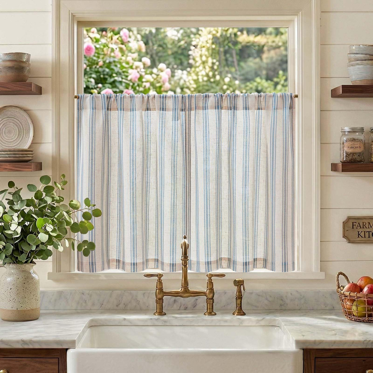 jinchan Linen Striped Tier Curtains for Kitchen Windows Farmhouse