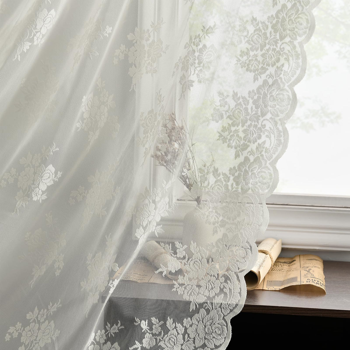 Kotile Short Beige Lace Curtains for Kitchen Windows W42xL45 Inch, 2 Panels