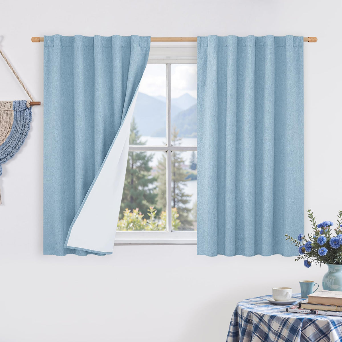 LAMIT Full Blackout Linen Kitchen Window Curtains 36 Inches Long, Ivory