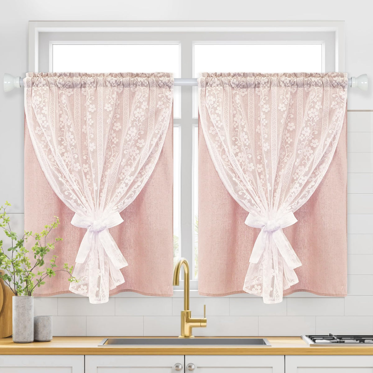 ASPMIZ Linen Kitchen Curtains 36 Inch Length, Double Layered Window Curtain 2 Panel Sets Rod Pocket Short Curtains for Kitchen, Farmhouse Window Treatment Tiers for Bathroom, Cafe, Beige