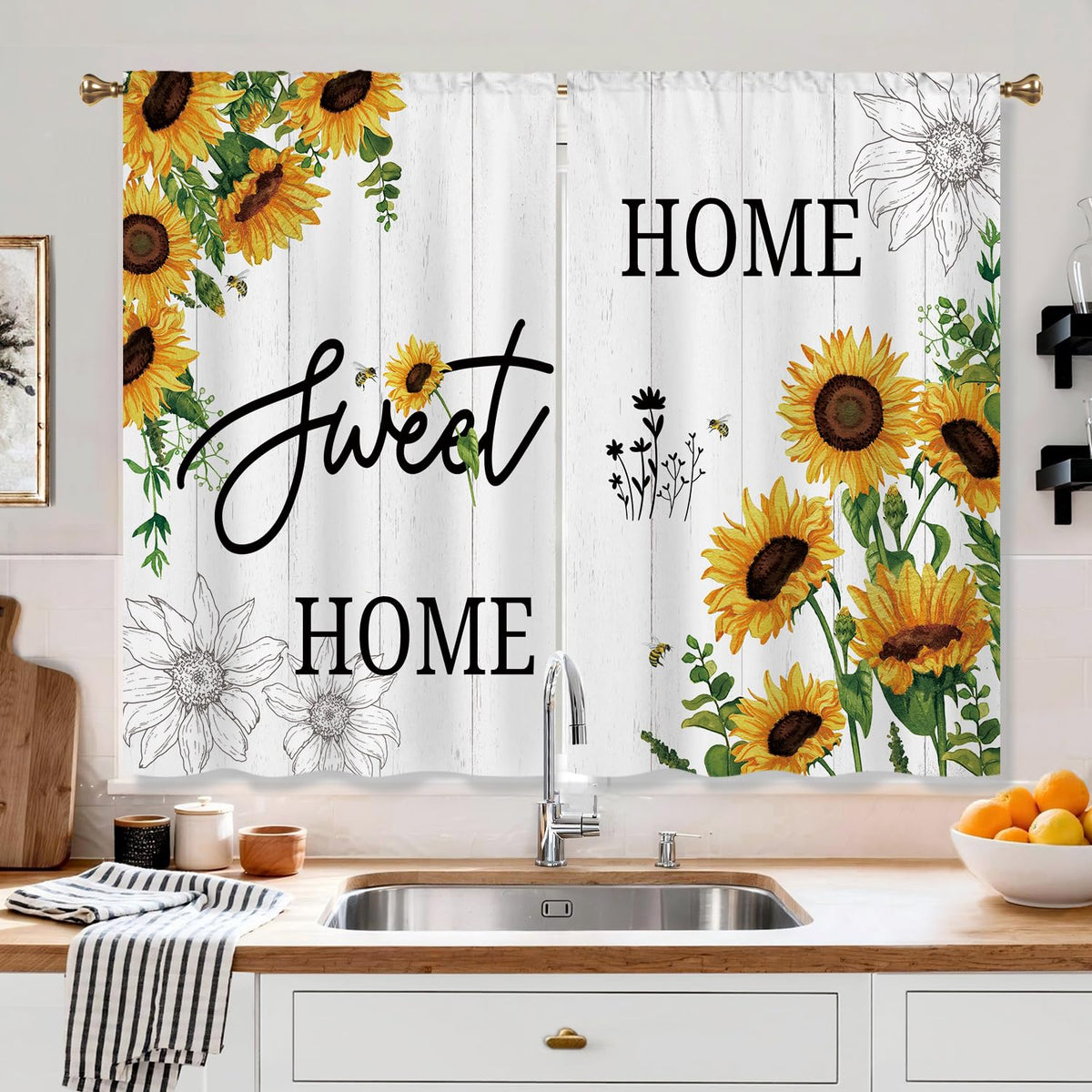 Farmhouse Sunflower Kitchen Curtain Rustic Small Short Cafe Window Curtains Country Wooden Barn Inspirational Bathroom Window Drapes Treatment Tier Curtains 2 Panels (27.5x39 Inch)