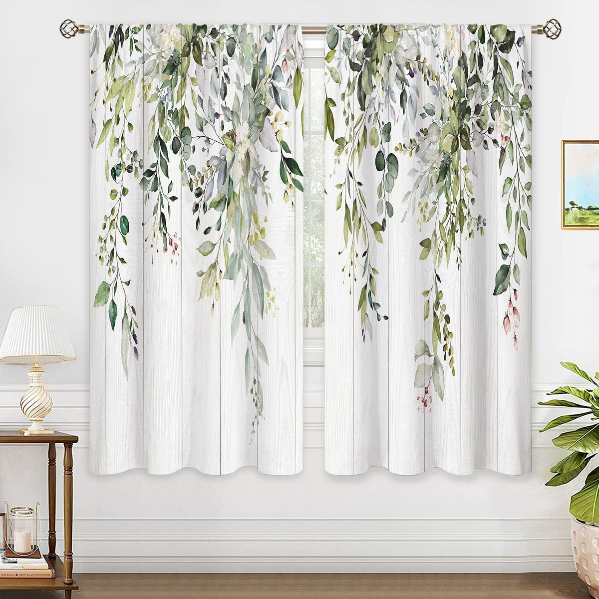 Eucalyptus Botanical Leaves Floral Kitchen Window Curtains Over Sink Boho Farmhouse Flower Leaf Small Window Treatment Sage Green Cafe Short Curtains for Bathroom Tier Drapes 27.5x39 inch