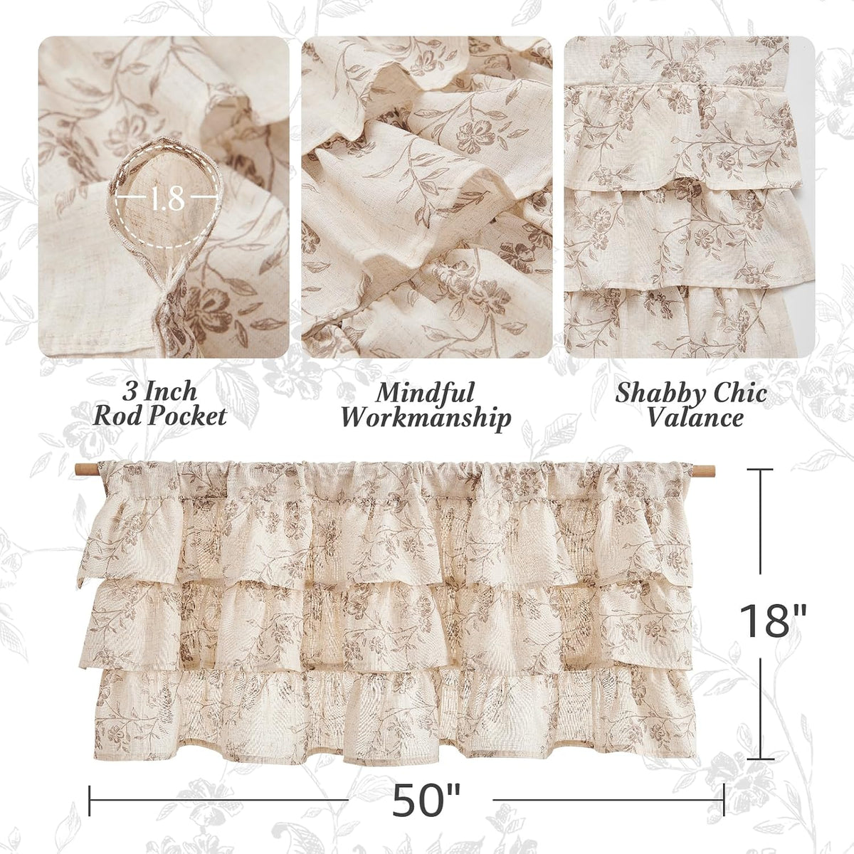 jinchan Alisa Ruffled Floral Valance Curtain 18 Inch 1 Panel Taupe on Linen