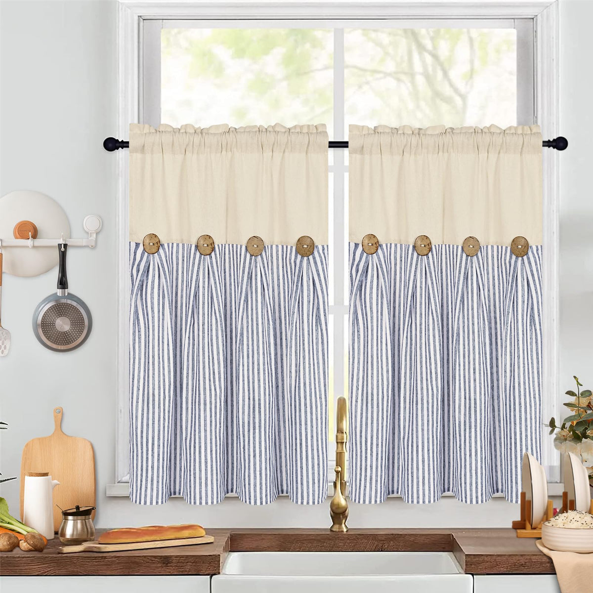 BLEUM CADE Farmhouse Kitchen Curtains 36 Inch, Cotton Linen Cafe Curtains with Rustic Buttons, Boho Small Window Curtains for Bathroom, Green Stripe Half Window Drapes Over Sink, 2 Panels