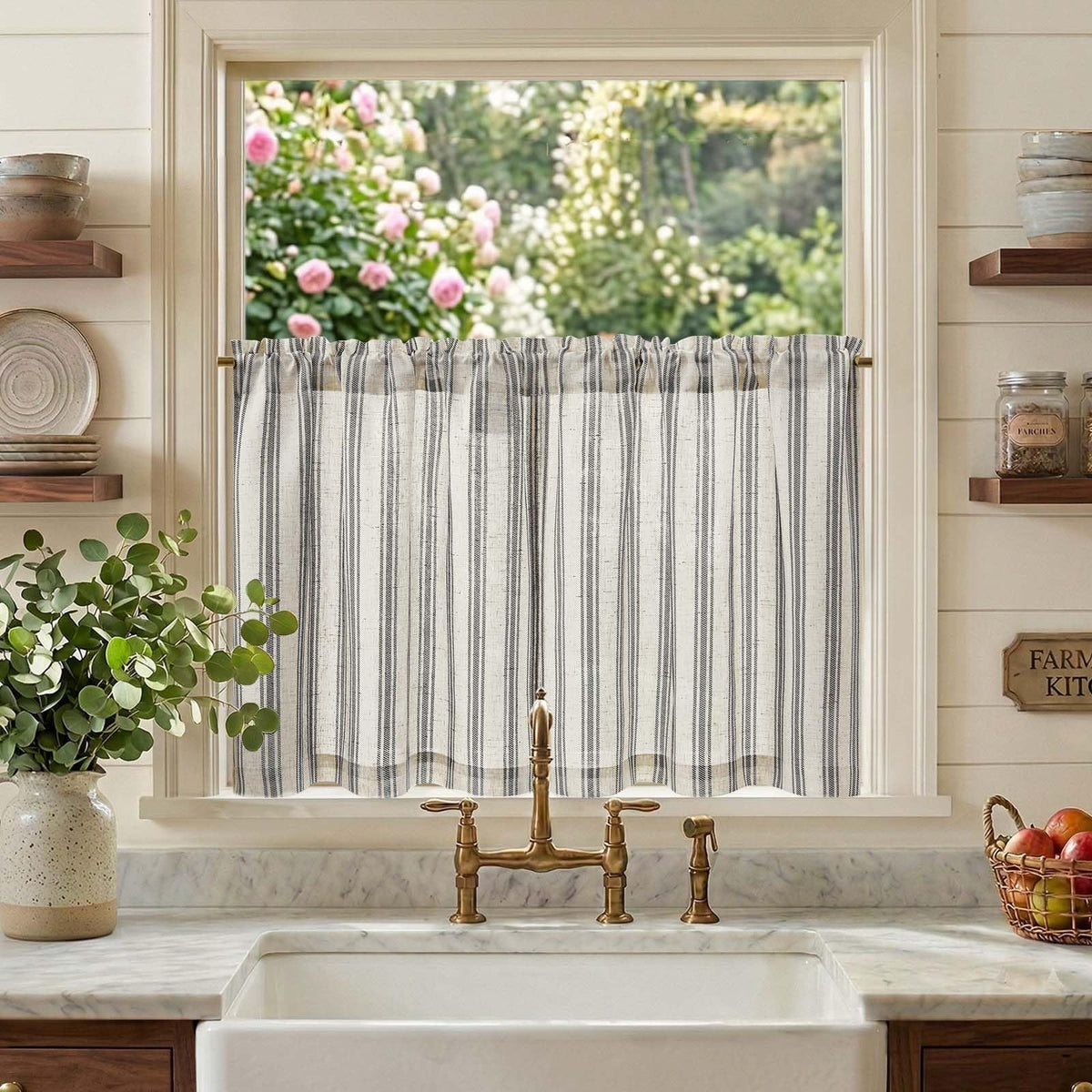 jinchan Linen Striped Tier Curtains for Kitchen Windows Farmhouse