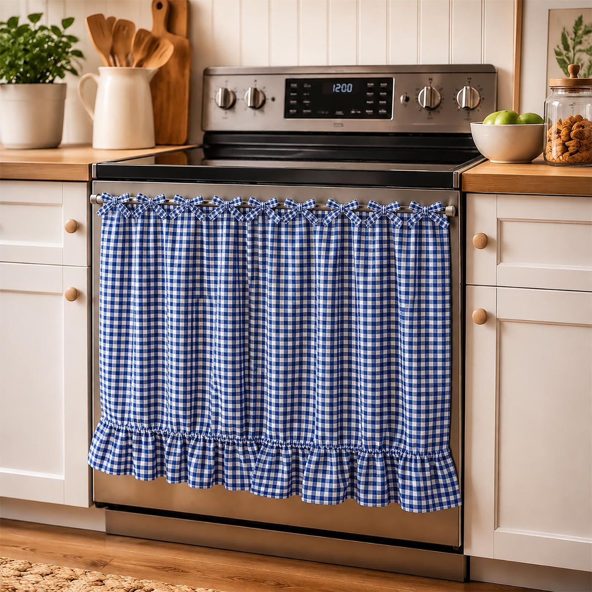 LOSOZO Oat Handmade Oven Skirt for Farmhouse Kitchen Décor, Oven Curtain Tie Top Decorative Cabinet Dish Washer Oven Curtains, Ruffled Fabric Appliance Cover with Ribbon Ties