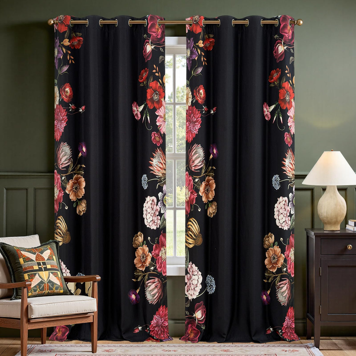 jinchan Black Boho Floral Blackout Curtains 84 Inch Grommet 2 Panels