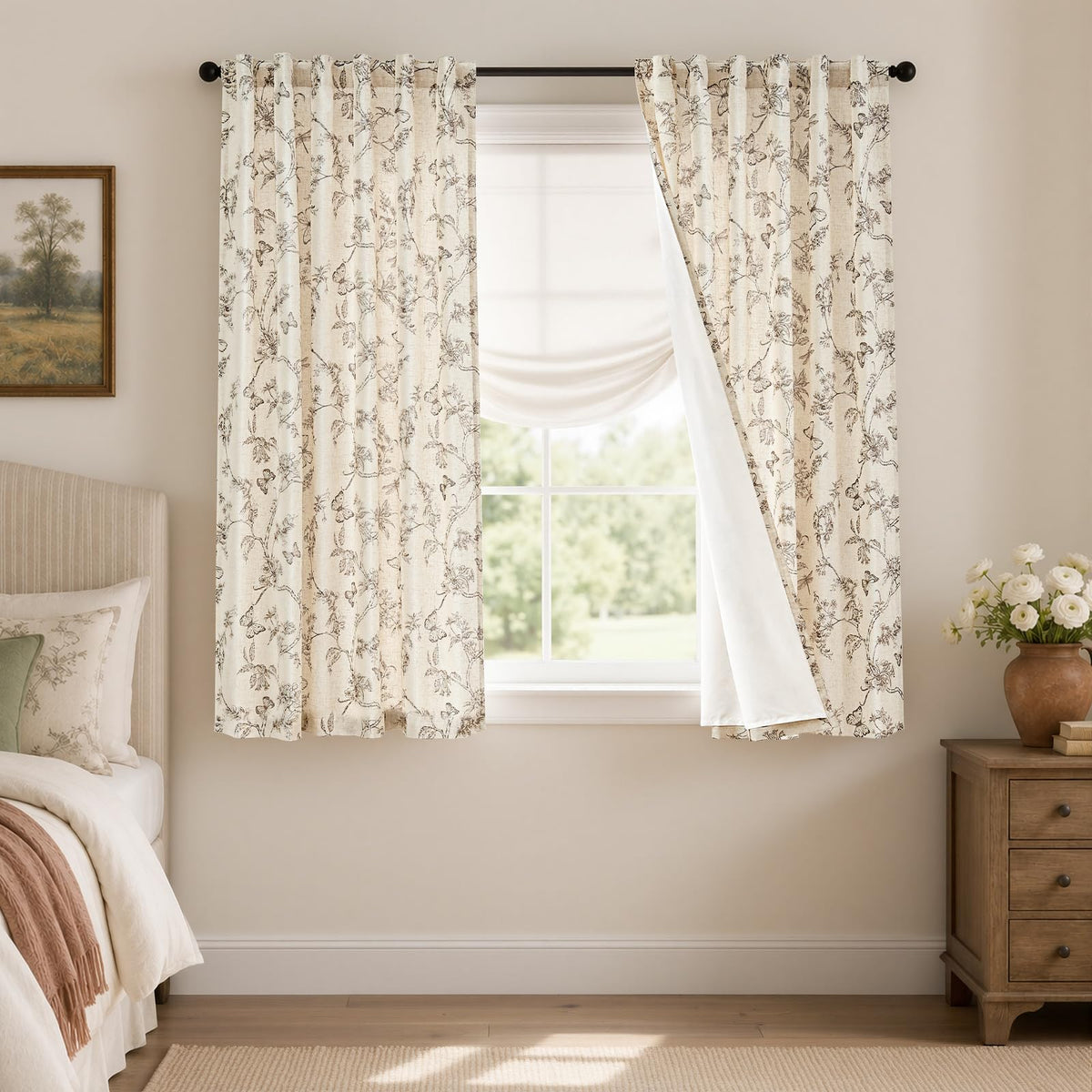 Lazzzy Green Floral Linen Curtains Farmhouse Rod Pocket 50W X 84L 2 Panels