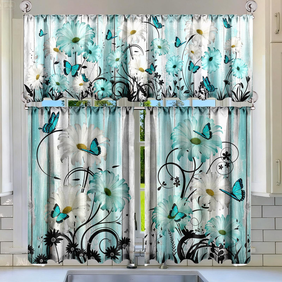 Breling 3 Pcs Sunflower Highland Cow Kitchen Curtains Valances and Tiers Set for Windows Spring Farmhouse Highland Cow Sunflower Curtains Decor for Summer Bedroom Window Decor Party Favor Supplies