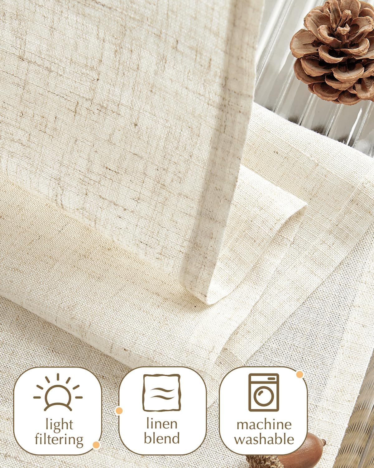 jinchan Solid Linen Kitchen Tier Curtains 24 Inches Tie Top 2 Panles Crude