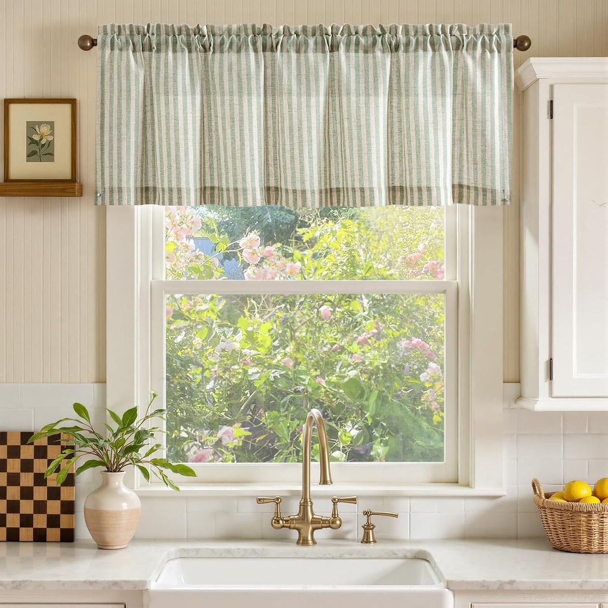 jinchan Linen Boxter Stripe Valances for Window 16 inch,Sage Green,1 Panel