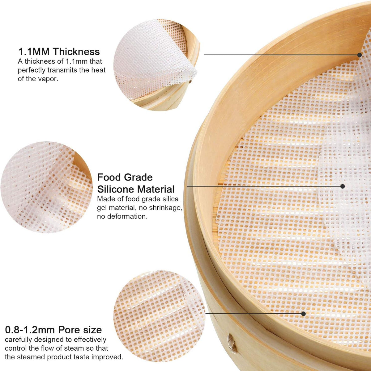 Patelai 12 Pcs Bamboo Steamer Silicone Liners 9 Inch, Non Stick Reusable Silicone Steamer Mesh Mat, Air Fryer Round Liners Pad Buns Dumpling Baking Pastry Dim Sum for Food Kitchen Restaurant Home