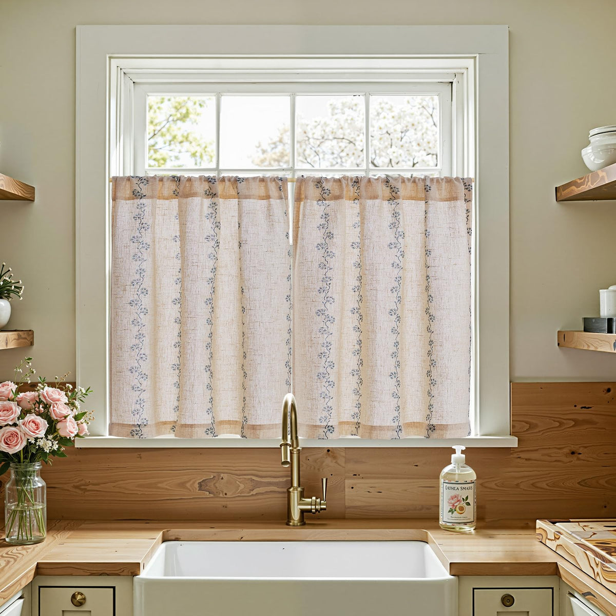 jinchan Hattie Floral Linen Kitchen Tier Curtains Beige 30 in 2 Panels