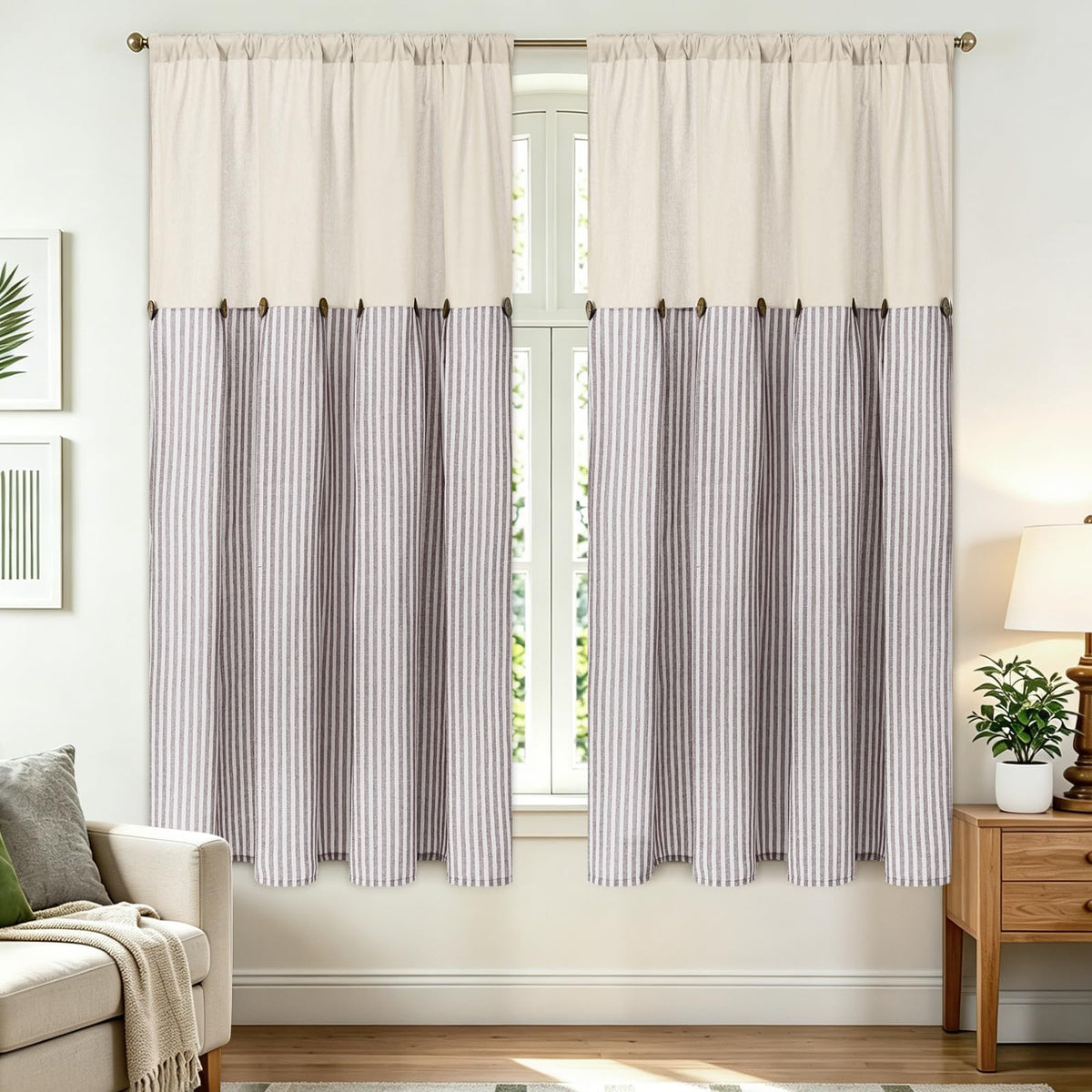 BLEUM CADE Farmhouse Kitchen Curtains 36 Inch, Cotton Linen Cafe Curtains with Rustic Buttons, Boho Small Window Curtains for Bathroom, Green Stripe Half Window Drapes Over Sink, 2 Panels