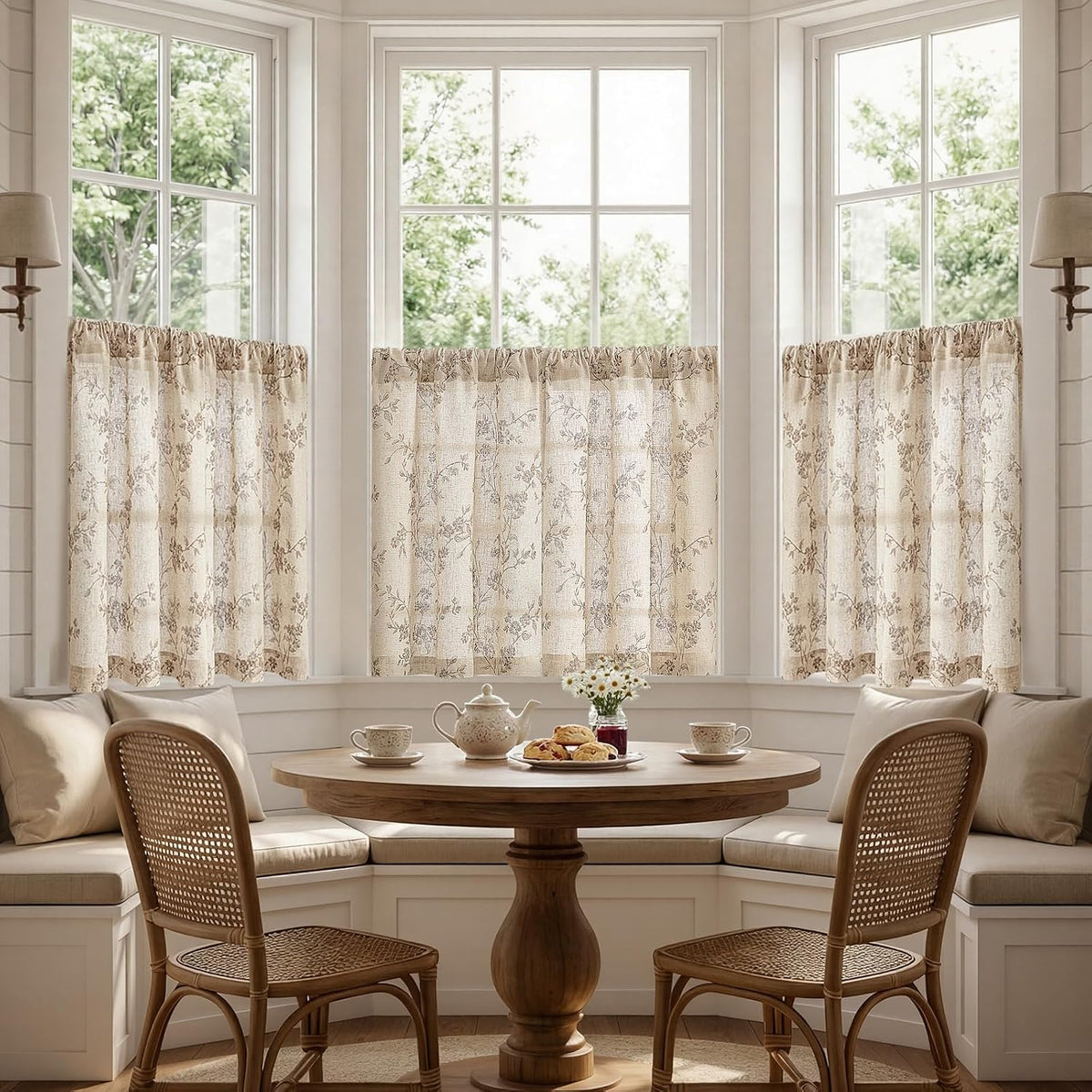 jinchan Floral Linen Kitchen Tier Curtains, 36 Inch, 2 Panels, Taupe