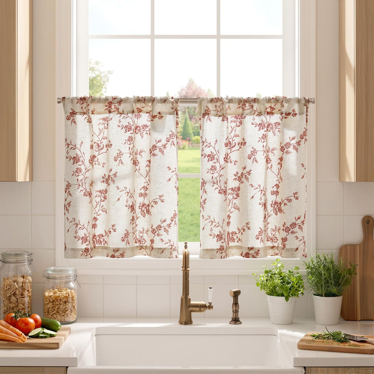 jinchan Floral Linen Kitchen Tier Curtains, 36 Inch, 2 Panels, Taupe