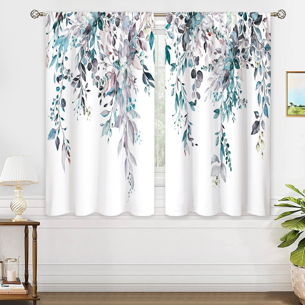 Eucalyptus Botanical Leaves Floral Kitchen Window Curtains Over Sink Boho Farmhouse Flower Leaf Small Window Treatment Sage Green Cafe Short Curtains for Bathroom Tier Drapes 27.5x39 inch