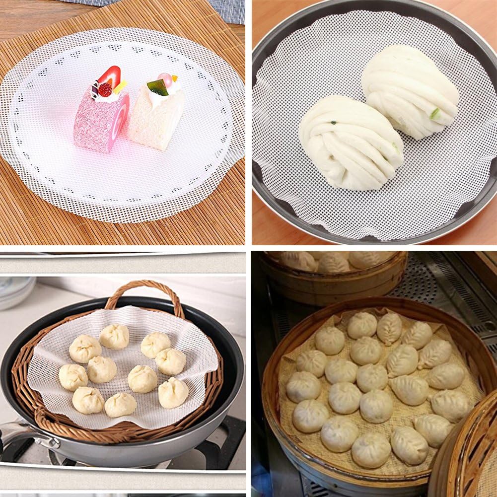 INCHANT 5-Piece Non-Stick Round Steamer Mat, Reusable Silicone Bamboo Steamer Pad/Mesh, for Steamed Dim Sum, Dumplings, Buns, 35cm in Diameter