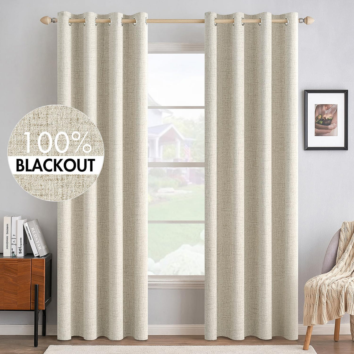 MIULEE 100% Blackout Linen Curtains for Bedroom 52x54 Inches Natural Beige