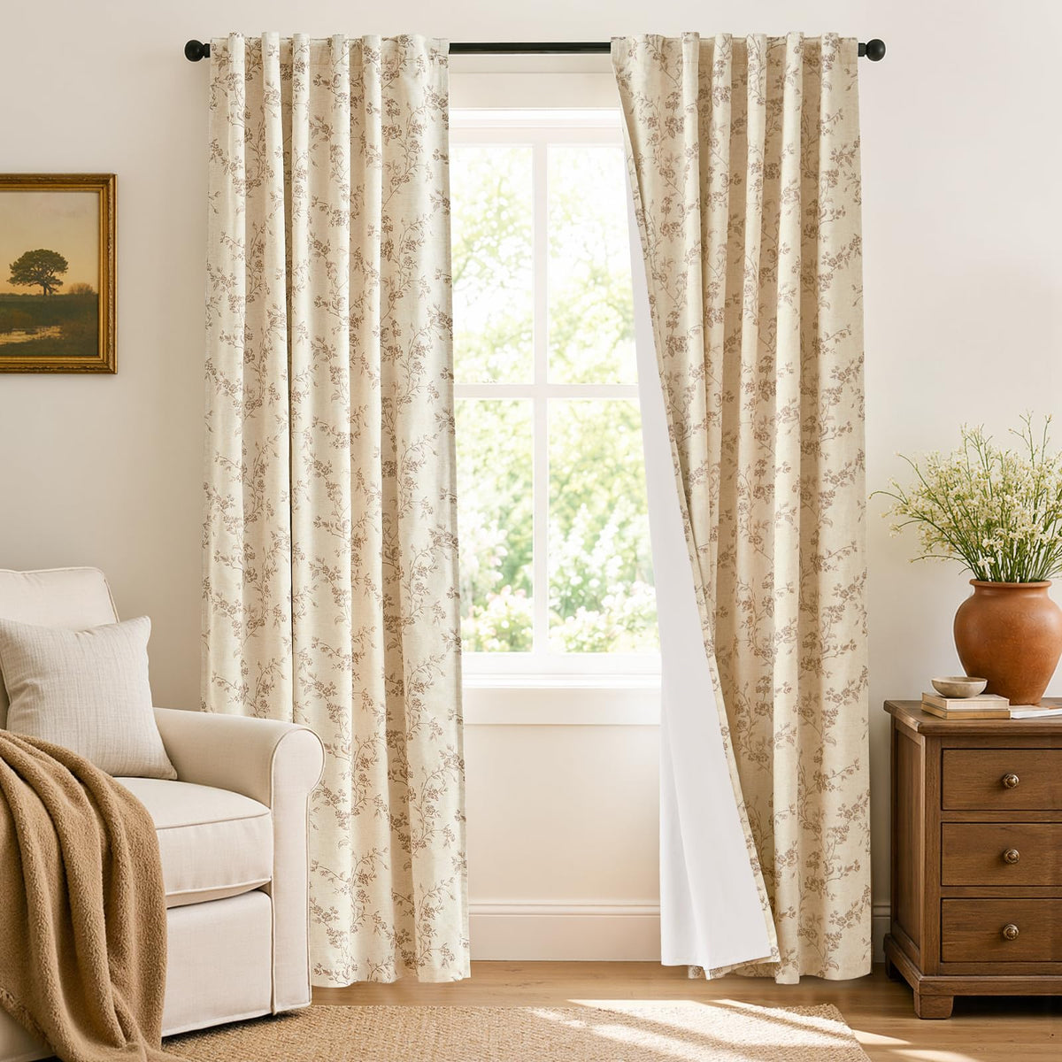 Lazzzy Green Vintage Floral Linen Curtains Farmhouse 26W X 36L 2 Panels