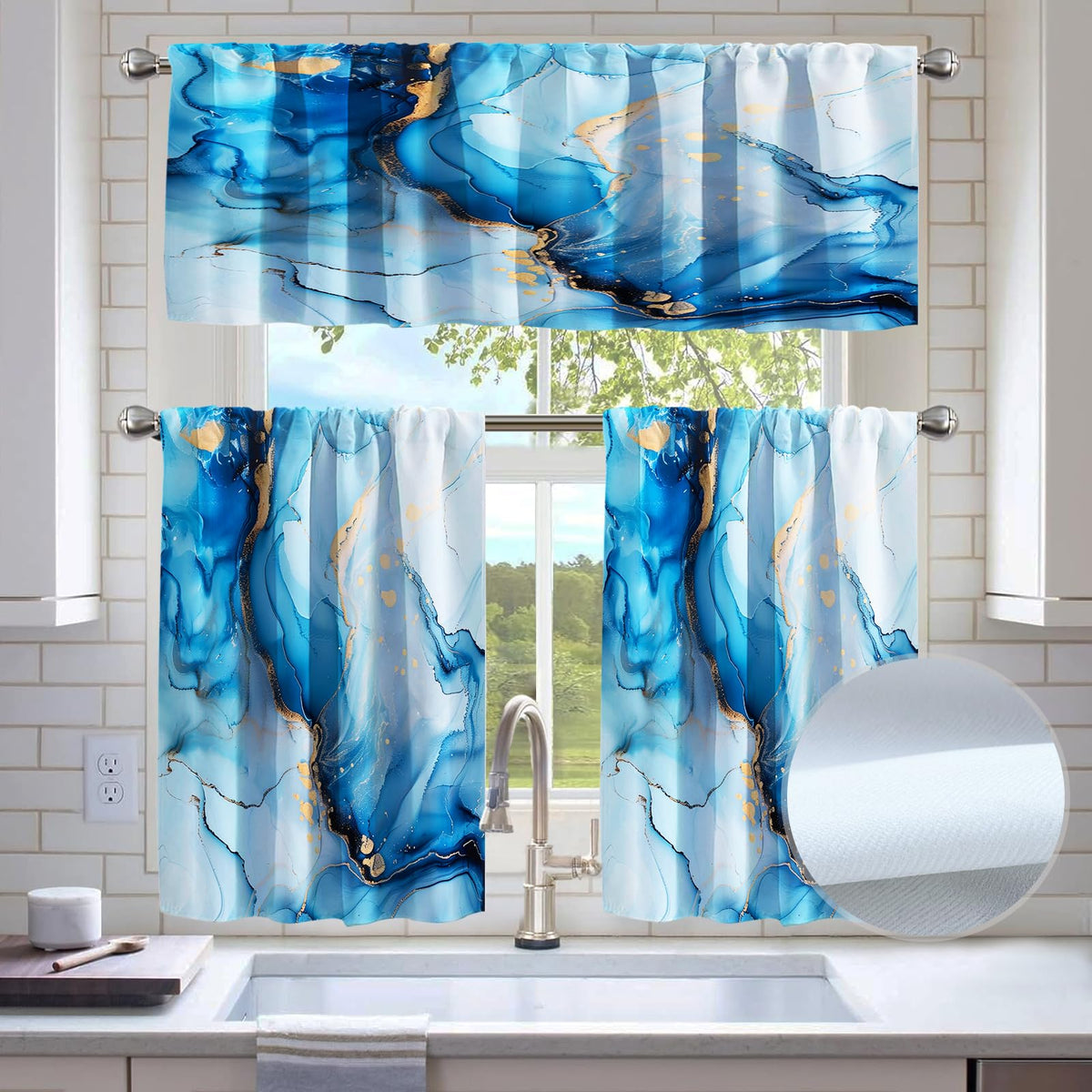 Kitchen Curtains Sets for Windows,52x36 Inch 3 Piece,Green Marble