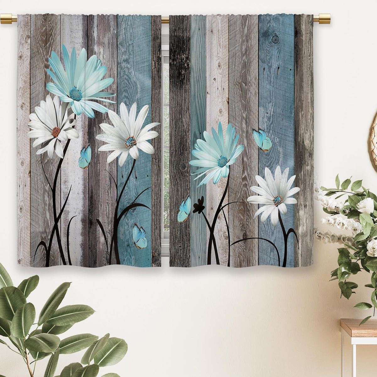 Teal Farmhouse Daisy Kitchen Curtains Wooden Flower Small Short Cafe Window Curtains Rustic Floral Butterfly Country Bathroom Drapes Treatment Tier Curtains 2 Panels (27.5x39 Inch)