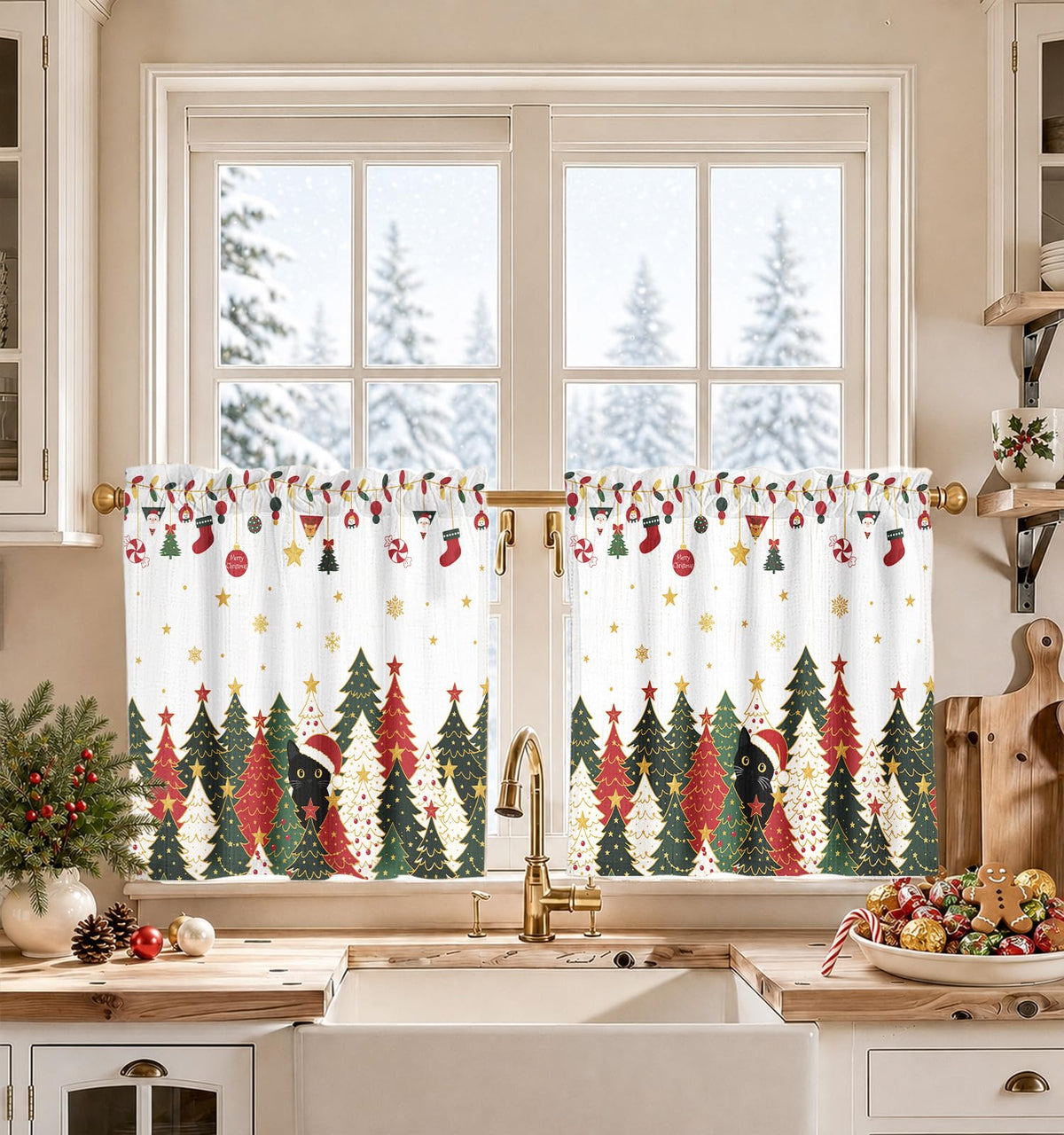 Miss Adola 36 Inch Length Kitchen Tier Curtains, Floral Cat