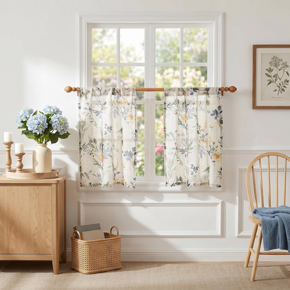 MYSKY HOME Floral Linen Kitchen Tier Curtains 36 Inch Long 2 Panels