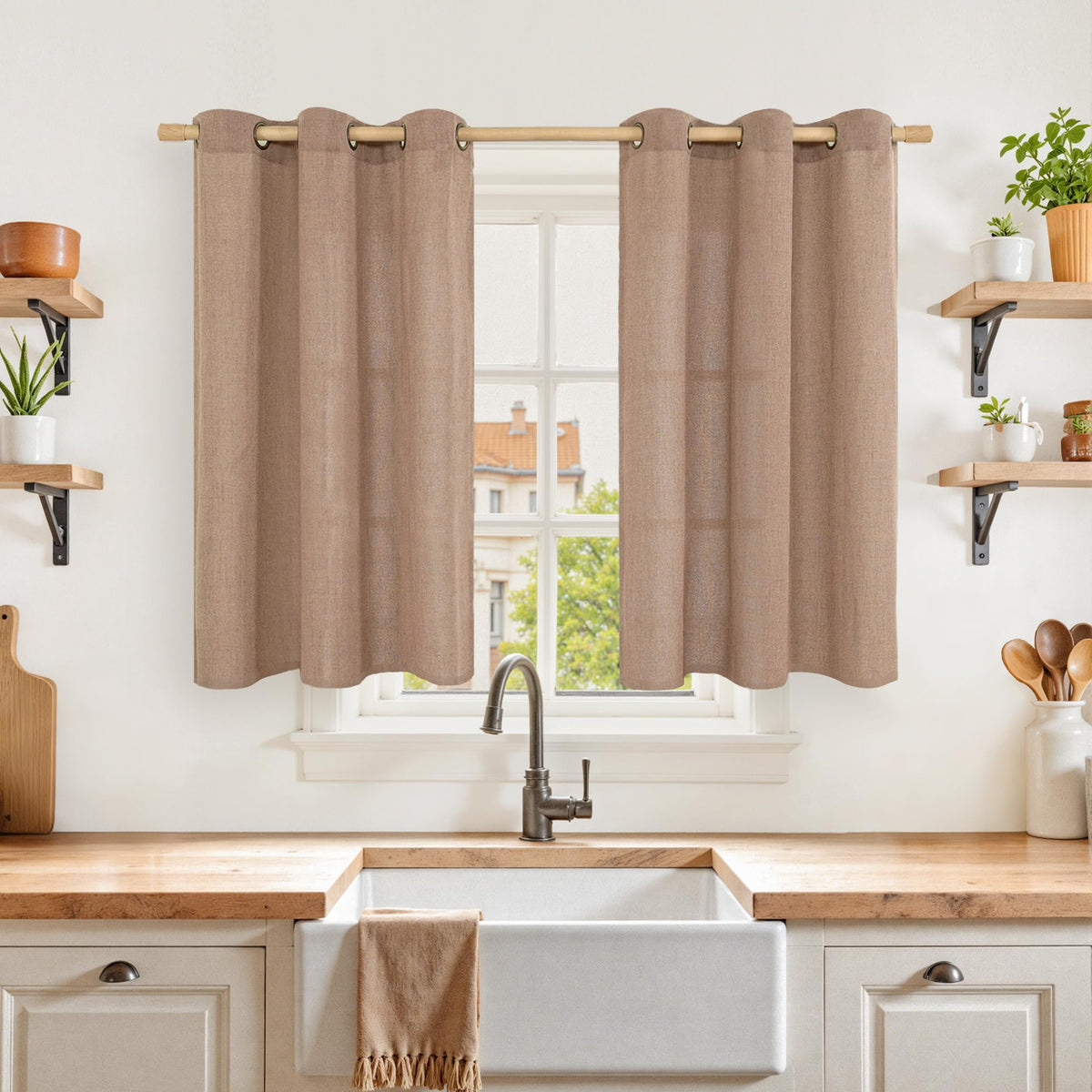 YoungsTex Linen Kitchen Window Curtains 40 Inch Length 2 Panels