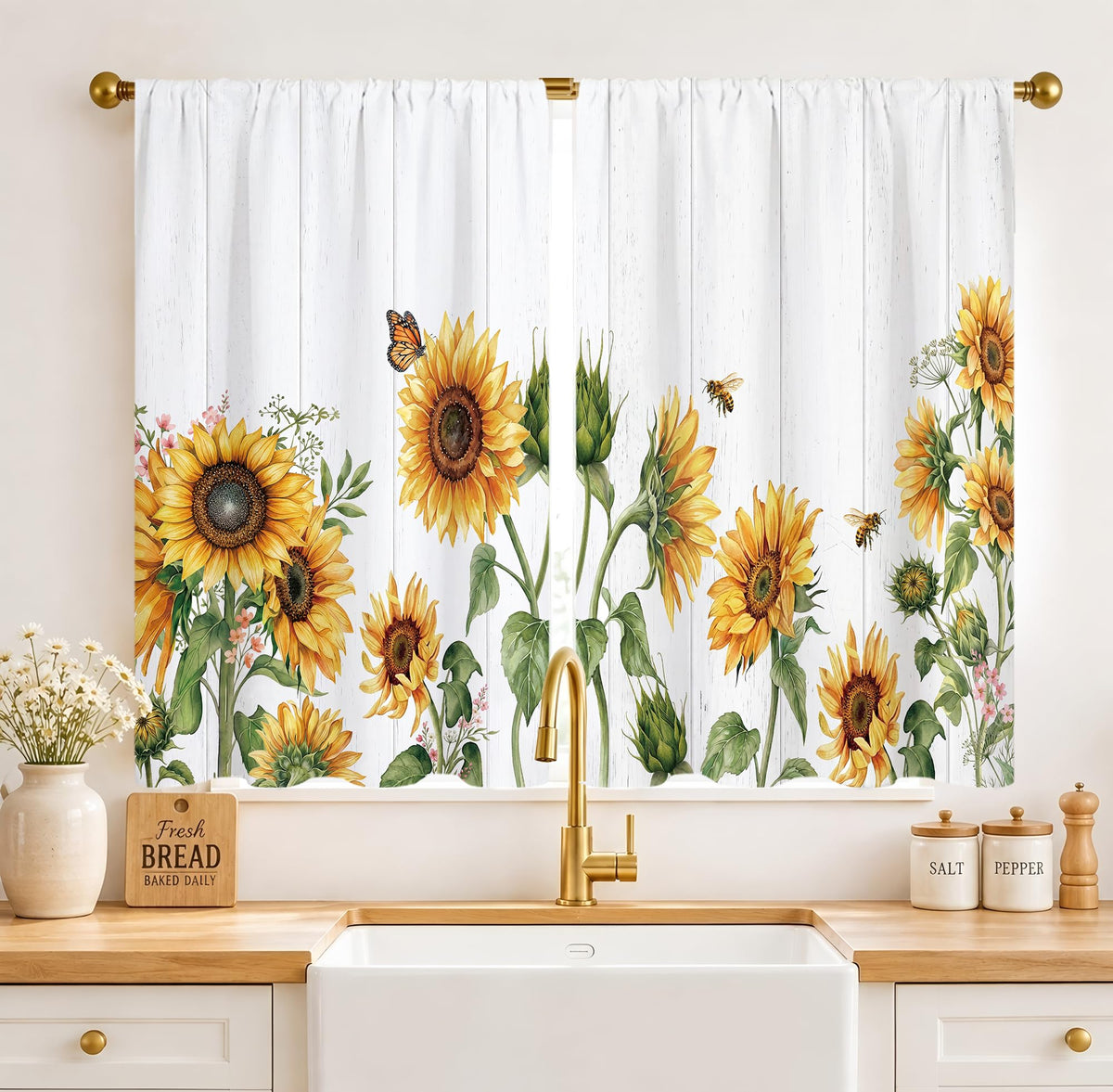 Yellow Sunflower Kitchen Curtains 42W X 63L Inch 2 Panels Rod Pocket Country Rustic Floral Flower Butterfly Farmhouse Over Sink Small Short Cafe Tier Window Treatment Bathroom Decor
