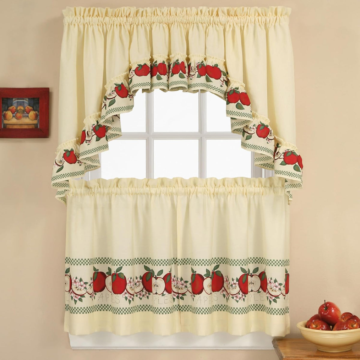 CHF & You Red Delicious Country Apples 3-Piece Window Curtain Tier Set, Ivory, 56-Inch X 24-Inch, Multi Color